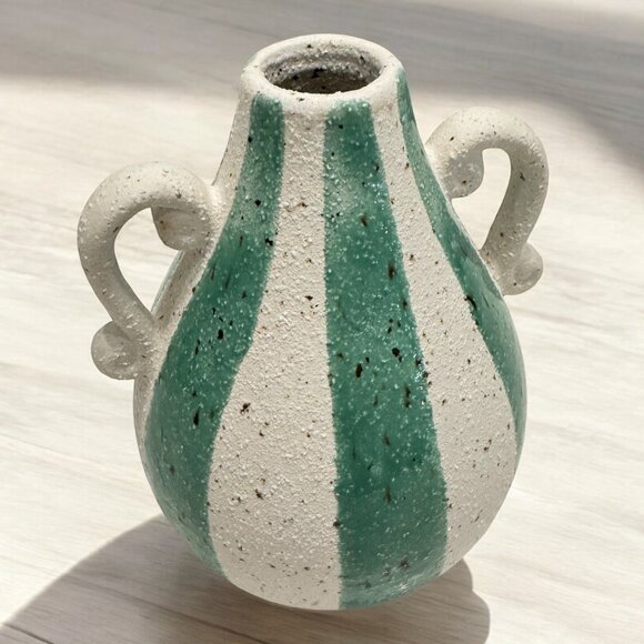 Pottery Vase Stripes Green White Handles Home Decor Speckled - Picture 1 of 5